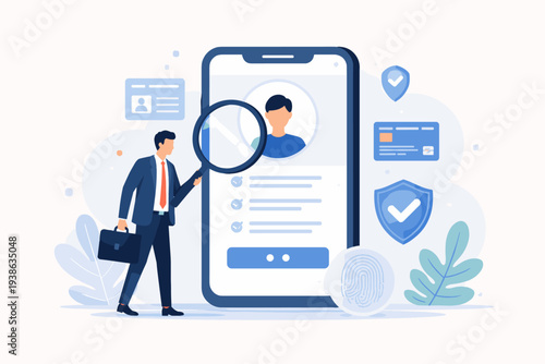 KYC Know Your Customer Identity Verification Process for Online Banking, Fintech, and Cryptocurrency Trading with Businessman Inspecting User Profile on Smartphone Screen Vector Illustration Concept