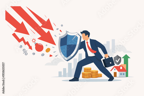 Businessman holding shield to protect wealth from economic recession and inflation crisis, financial risk management and investment insurance against stock market crash and bear market loss.