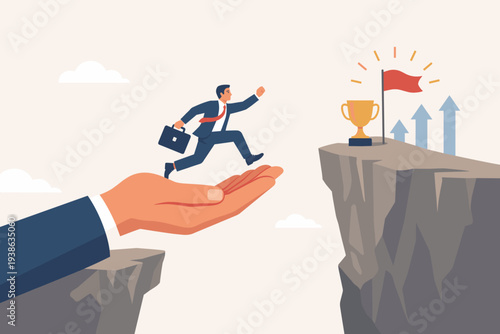 Helping Hand Support for Businessman to Achieve Success and Reach Goals, Mentorship Concept, Career Growth, Assistance, and Overcoming Business Obstacles to Win Trophy and Flag on Cliff Edge.
