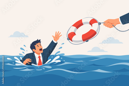 Businessman Drowning in the Ocean Reaching for Help with a Lifebuoy Thrown by a Hand. Concept of Business Crisis Support, Financial Rescue, Emergency Assistance, Safety Net, and Problem Solving.