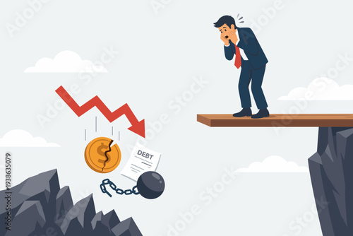 Businessman standing on plank over cliff looking down at falling red arrow, broken coin, and debt document, representing financial risk, economic recession, bankruptcy, and fear of losing money.
