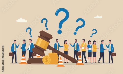Workers providing meeting teams together replacement, employee injured benefit, legal or law to compensate payment concept, justice gavel with dollar money symbol and accident pylons.
