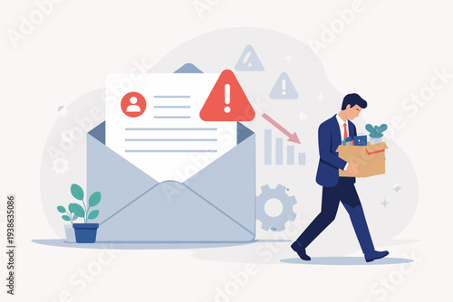 Sad Businessman Carrying Cardboard Box of Personal Belongings After Receiving Layoff Email Notification, Concept of Job Termination, Staff Dismissal, Career End, and Economic Crisis Illustration