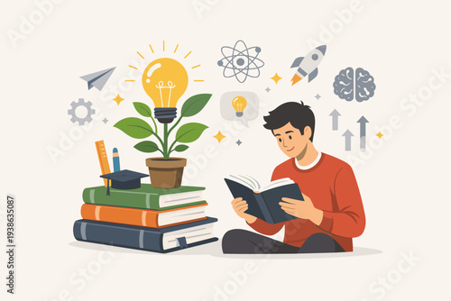 Young Man Reading Book for Knowledge and Wisdom to Create New Ideas, Creativity and Innovation Concept with Lightbulb Plant Growing from Books, Education, Learning and Personal Growth Vector