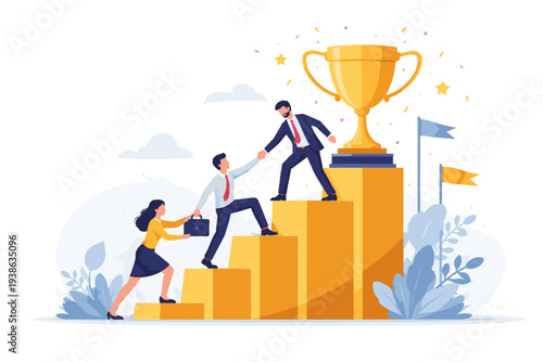 Business Teamwork and Partnership Concept with People Helping Each Other Climb Stairs to Reach a Golden Trophy for Success, Mentorship, Support, and Leadership to Achieve Common Goals Together.