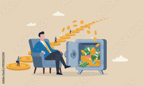 Passive income, easy money earning from investment or stock dividend and profit to be financial freedom concept, relax businessman open safe with wealthy treasure inside and money coins walking in