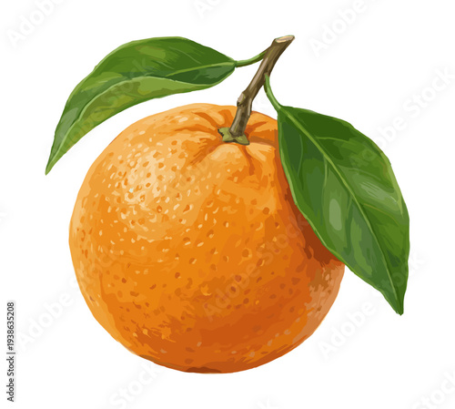 Orange citrus fruit on branch with green leaf sketch