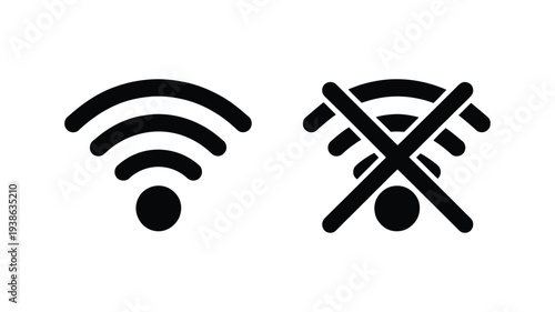 Wi Fi and no WiFi icons vector set illustrating connected and crossed out signal symbols, internet connectivity and offline mode indicators, network settings interface graphics, minimalist outline