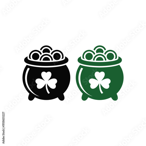Two cauldrons filled with gold coins and shamrocks symbolize St. Patrick's Day.