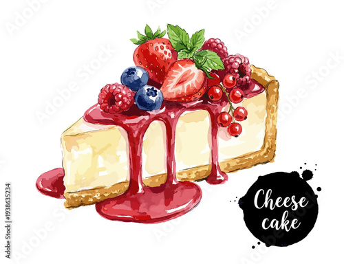 Watercolor berry cheesecake slice with jam and mint leaf