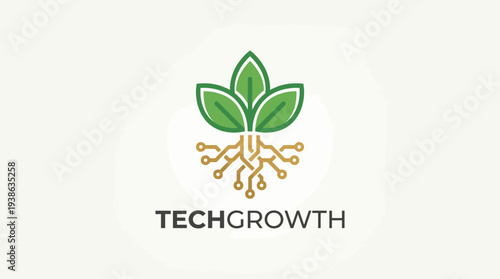 This logo showcases a harmonious blend of nature and technology, featuring stylized leaves and circuit board elements, signifying growth and innovation in tech-driven sectors.