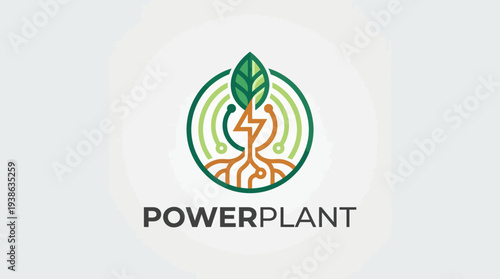 A creative logo design merging technology and nature, featuring a power symbol infused with greenery, representing sustainability and innovation in energy solutions.