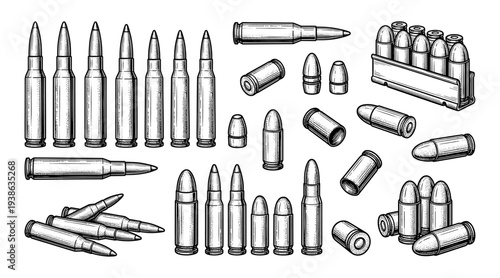Rifle and pistol bullet ammo set with shell casing engraving