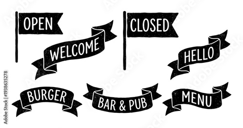 Vintage ribbon and flag set with restaurant welcome text