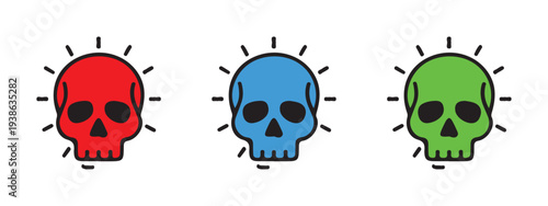 Three toxic skulls in red blue and green