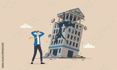 Banking collapse or bank run, financial crisis or bankruptcy problem, stock market crash or credit risk, failure or investment failure concept, frustrated businessman look at collapsing bank building