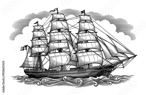 Vintage sailing ship vessel in sea engraving style