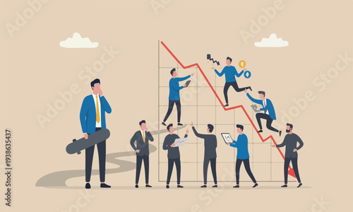 Prepare recessi market down concept, thoughtful businessman with skate board prepare to run down financial graph