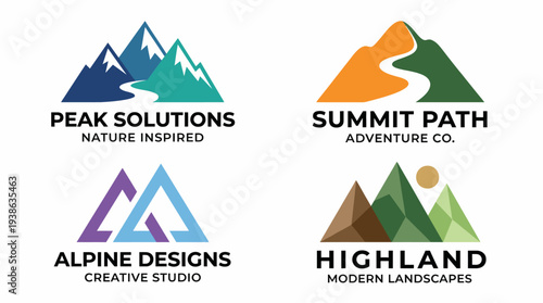This image presents a collection of outdoor adventure logos, integrating mountain visuals with creative elements, capturing the spirit of exploration and nature's beauty.