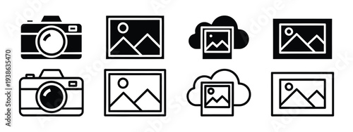 Black and white icons of cameras photos and clouds