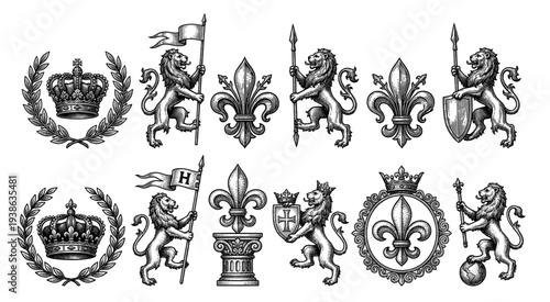 Heraldic lion crown and fleur-de-lis vintage engraving set