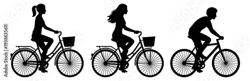 Cycling person silhouette set with city bike and basket