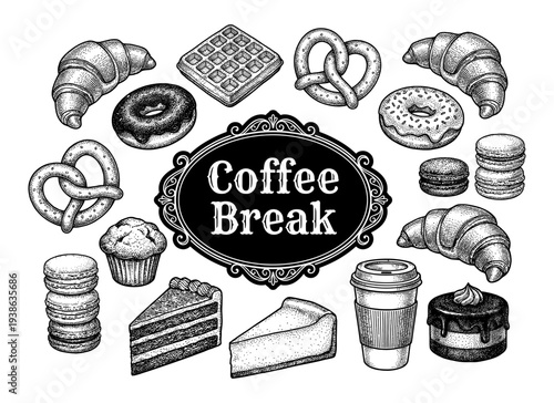 Vintage hand drawn coffee break pastry and dessert engraving set