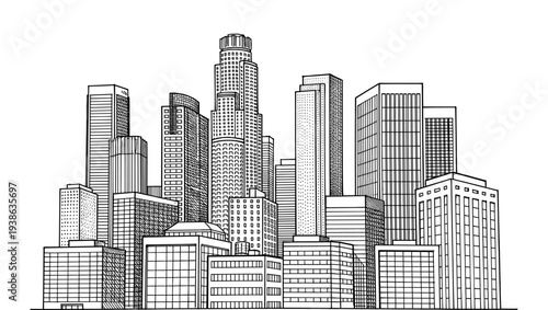 Los Angeles city skyline panorama with US Bank Tower line art