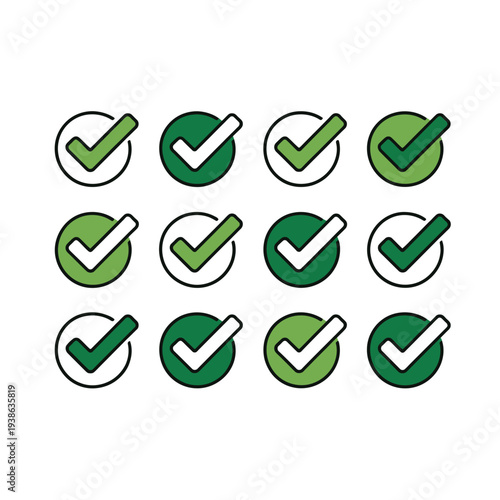A grid of twelve green checkmarks within circles signifies completion and confirmation.