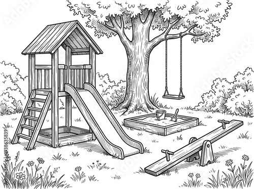 Playground landscape with slide swing sandbox and seesaw line art