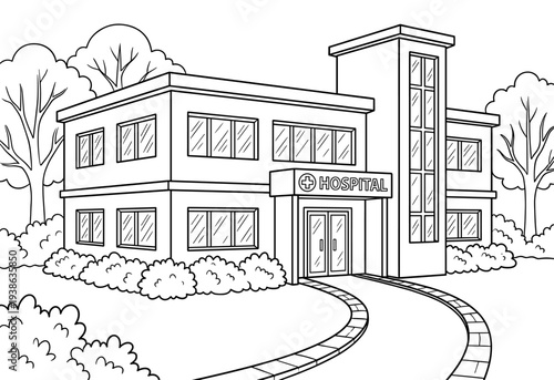 Hospital building exterior with entrance and tree line art