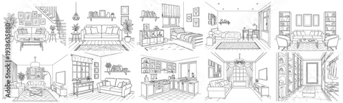 Interior design line sketch set with living room bedroom and kitchen drawing