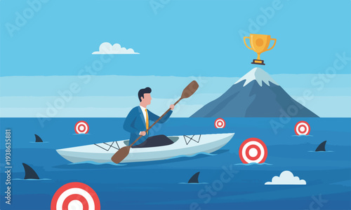 Risk taker, red bullseye or problem in crisis or entrepreneurship, determination or adversity concept, confidence businessman sailing kayak ship among danger risky sharks.