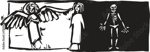 woodcut style image of a woman caught between the extremes of life and death