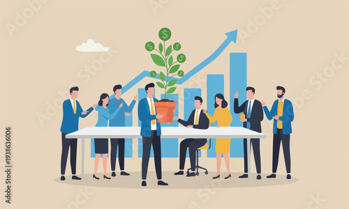 Growth stock prosperity meeting teams together success business achievement concept, businessman investor hand tendering hold plants pot with growing money dollar sign