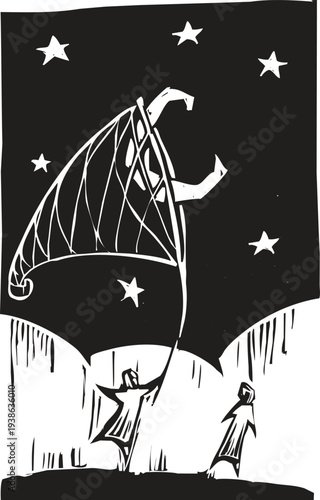 Woodcut style man with a net catching the moon.