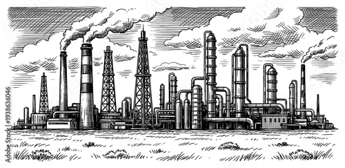 Industrial oil refinery factory with oil rig and smokestack engraving