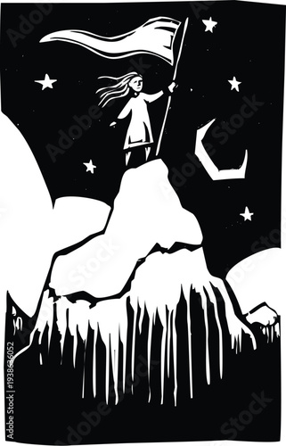 Woodcut style image of girl climbing a mountain an raising a flag