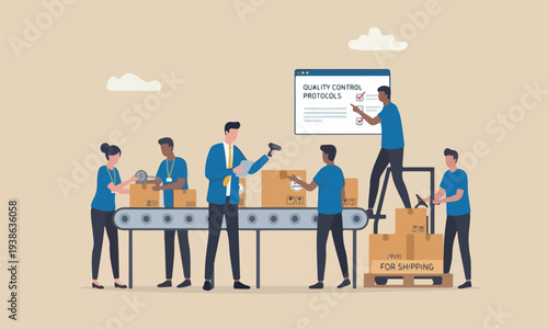 Checking together illustration is modern, flat design with clean lines and minimal shading businessman entrepreneur starting business checking package before shipping
