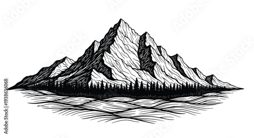 Mountain landscape illustration with trees and water reflection in black and white design