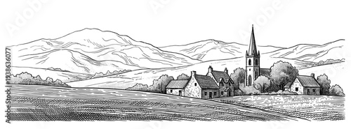 Village landscape with church and mountain engraving panorama