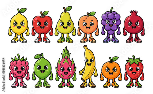 Cute kawaii fruit and berry cartoon character mascot set