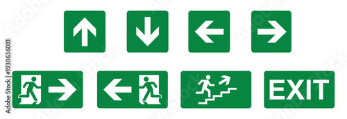 Emergency exit sign set with green arrow and running man