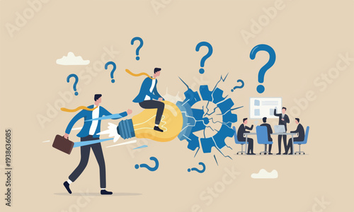 Disruptive together modern, flat design with clean lines and minimal shading flag red pillars competition concept, business riding flying lightbulb idea breaking old technology company