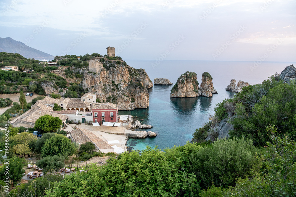 Naklejka premium Scopello sea stacks and coastal village bay in Sicily, Italy