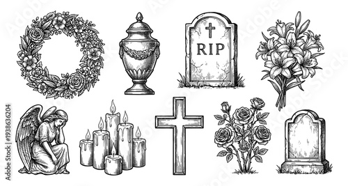 Funeral service and cemetry attribute engraving set with angel and cross