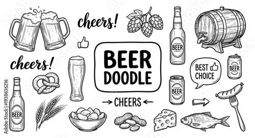 Beer and snack doodle set with mug bottle and barrel sketch