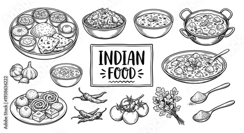Indian food and cuisine sketch set with thali and curry