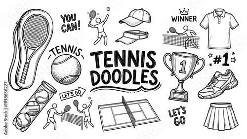  Tennis doodle set with racket ball and trophy sketch