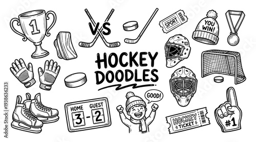 Hockey doodle set with skate trophy and goalie mask